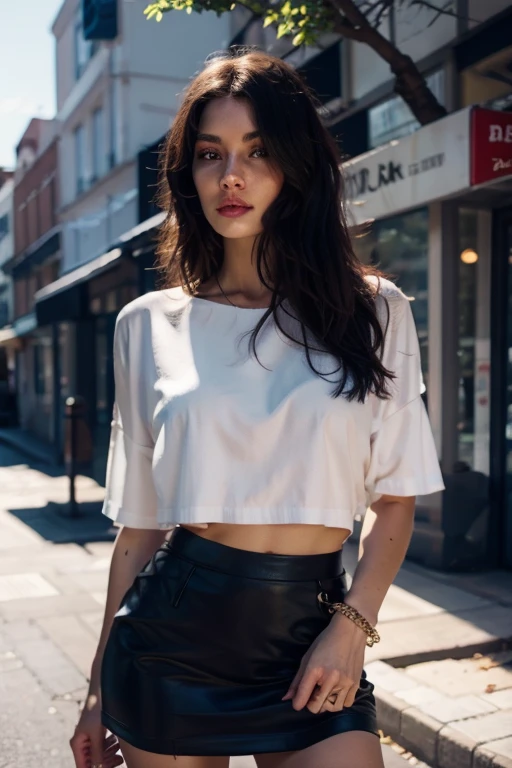 hyper realistic, 1 femme 28 years old, Long Wavy Hair, dark brown eyes, top, Jupe courte, la rue, Italie, very beautiful 