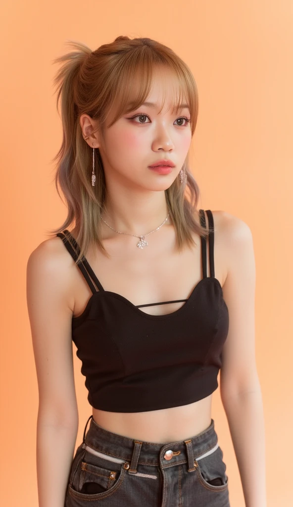 Blonde woman with short bob、Full body portrait、Black knitted dress、Background white、Cat ears headband、