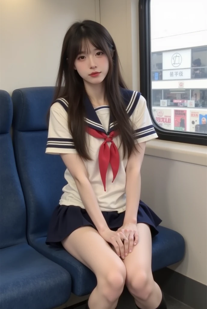 (8k, best quality, masterpiece: 1.2), (realistic, realistic, photorealistic: 1.37), 1 girl, hyper-detailed, beautiful detail eyes, beautiful detail nose, ((((1girl))), white short-sleeved sailor suit, pleated short skirt, full body photo, subway station, red Nike shoes, sitting upright, hands between legs,