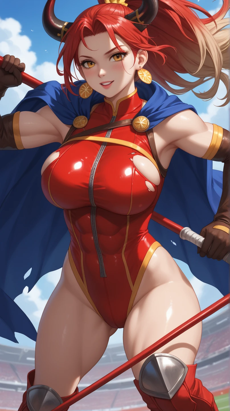 (masterpiece), best quality, expressive eyes, perfect face(masterpiece), best quality, expressive eyes, perfect face, Female warrior, short black hair, scar on left eye, bronze skin, red lips, amber eyes,, wide hips, large breasts, holding a sword, red cape torn shoulder, arm sleeves, belt on legs, steel plate boots, steel plate gauntlets, chocker, breast plate, pussy plate, body scars