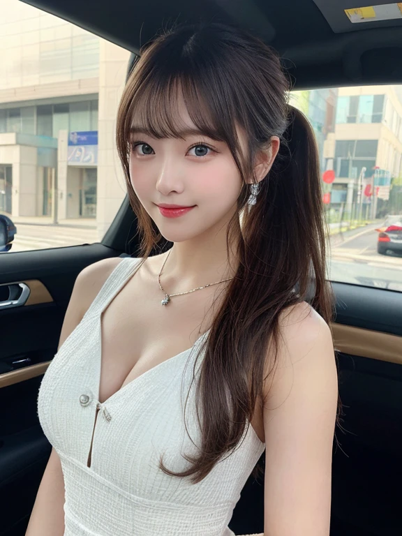 8K, masutepiece, 1girl in,motor show attendant , kneeking, Armpit, Looking back , Slim Curve, hyperdetailed face, Super beautiful, Innocent, Cute Girl, tthin eyebrows, Ron face, Smile full of compassion, Half-opening, Kissing face, Armpit, healthy, wearing a sexy attendant costume, Consists of a white tube top bikini top with wide side openings。, motor show sign on costume, white slim tight shorts, Large umbrella, beautiful short bob style, motor show, Large audience