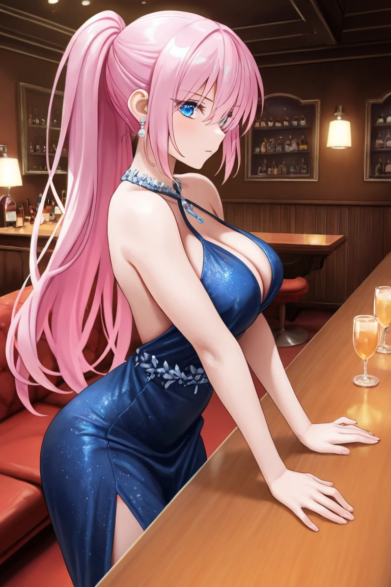 (masterpiece, best quality, ultra-detailed, high resolution, detailed eyes), nsfw, from above, takeda hiromitsu style, 1 beautiful woman, (30 years old), nightclub, cocktail dress, earrings, curvy body, large breast, tall, big eyes, long red hair, curly hair, sitting, from side