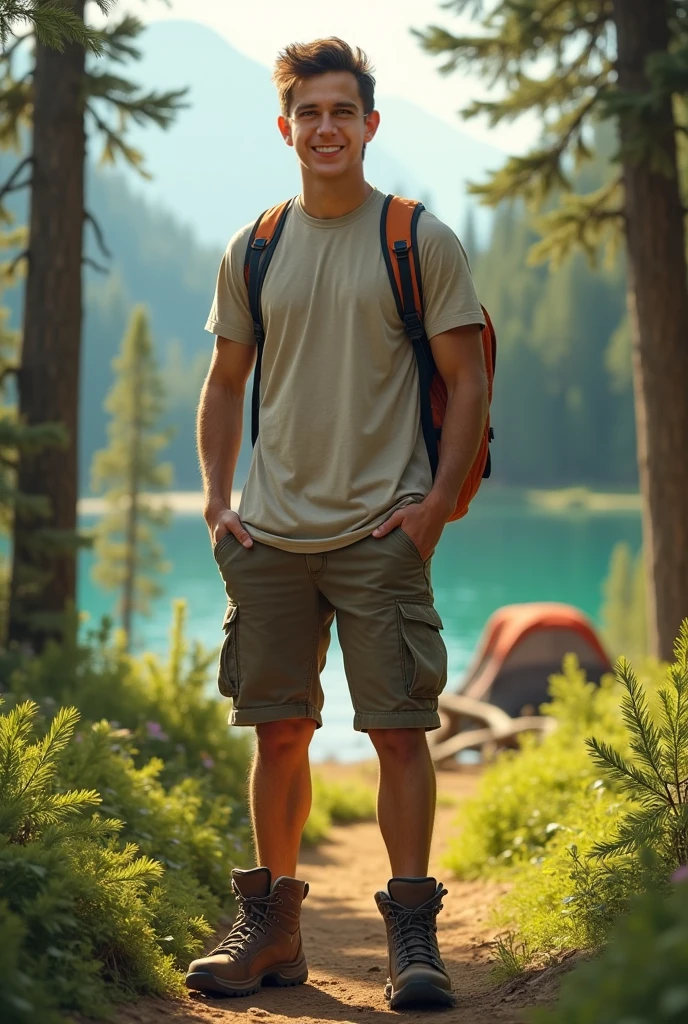 Behold a fashion editorial photo shoot featuring a photogenic and charming, short bleached hair, 23 years old mixed of Latino and Japanese male supermodel, skinny and lean body, pretty cute and masculine young face, wearing dirty white fit legging pants and hiking backpack, (semi hard bulge), at hiking trail, outdoors, full of wildflower background, stand over the camera perspective, interesting dynamic view from below, amazing composition, HDR, volumetric lighting, ultra quality, elegant, highly detailed, masterpiece, best quality, high resolution, portrait, male focus, solo focus, The photograph is taken with a Canon EOS R camera using an 85mm f/1.8 lens at an f/2.2 aperture, utilizing natural light. Employing three-point lighting and incorporating 3D animation shadows enhances his features and adds depth to the composition. The careful layering and arrangement of his body parts and surrounding objects ensure a flawless composition. This masterpiece celebrates the beauty of the male form and invites viewers to immerse themselves in a world of sophistication and charm. The seductive lighting and intricate details, combined with a dramatic composition, invite viewers to revel in the essence of a fun-filled day, brimming with joy and relaxation. Attention is meticulously paid to the layers and arrangement of his body parts and surrounding objects, ensuring correct body structure and photo distance. The romantic atmosphere, paired with a lively and extremely gorgeous background, enhances the overall allure of this exquisite image.