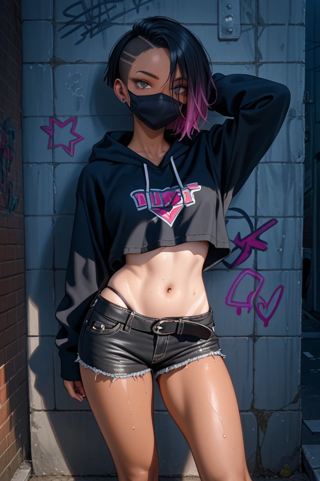 Girl, punk, curly, mixed pink hair, beautiful, sassy, hip skirt