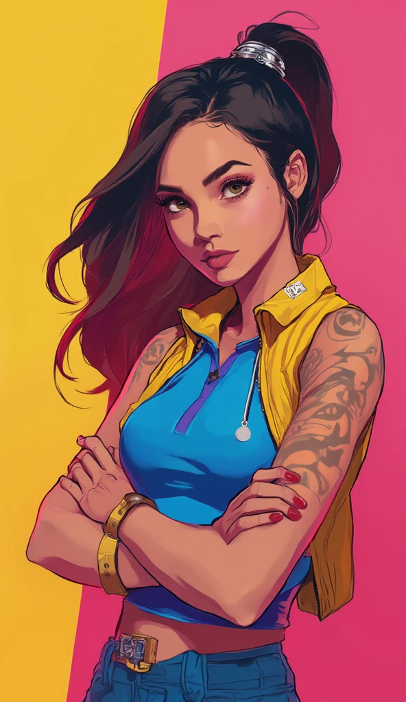 a cartoon of a woman in a bikini standing in a street, style of gta v artworks, standing in front of lowrider, gta art, gta art style, gta artstyle, stylized digital illustration, in style of digital painting, 2 d game art gta cover, 2d game art gta cover, in style of digital illustration, art gta 5 comics, cartoon style, lowrider style, in graffiti style, cartoon art, crips, gta art, graffiti style, artwork, psychedelic painting, psychedelic illustration, beksinski and alex gray, style of alex grey, dan mumford and alex grey style, psychedelic dmt