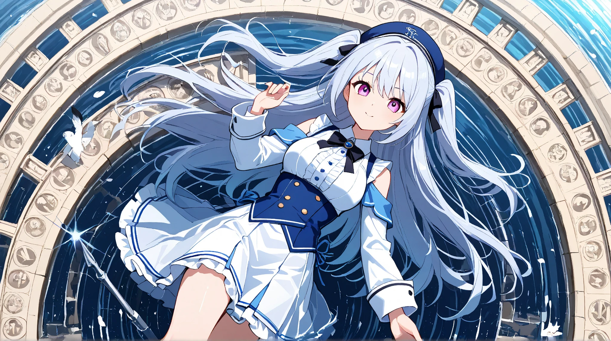 0(hyper extreme detailed),(masterpeace),(hyper extreme),(photorealistic),CG,llustration,novel illustration,1girl, <lora:WhiteCUL_v1:1>WhiteCUL,sky hair,blue eyes,hair ornament,white dress,miniskirt,sleeveless,detached sleeves,obi,thigh strap,blue thighhighs,geta,white skin,winter
