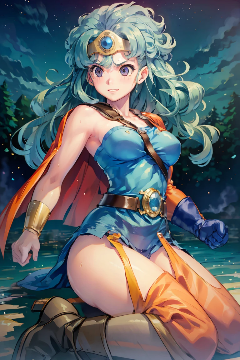 (((SFW、sound、Highest quality、first-class、masterpiece、Normal body、8K、Detailed face、Ultra-precision、Normal hand、Normal finger、5Finger、Highest)))、beautiful girl、Green Hair、Small breasts、Shortcuts、Light blue high-leg retard、Racy leotard、Dangerous Leotard、Ultra-thin leotard、Sheer leotard、See-through、Bite、No sleeve、Waist belt、Red cloak、Circlet、Legendary Sword、DRAGON QUEST、Female Hero、In combat、Combat Ready、Lightning Slash、incantation、Gigadein、Thunder Magic、Spread your legs wide、defeat wish、Immoral、masochist、blush、Trance、Nipple erection