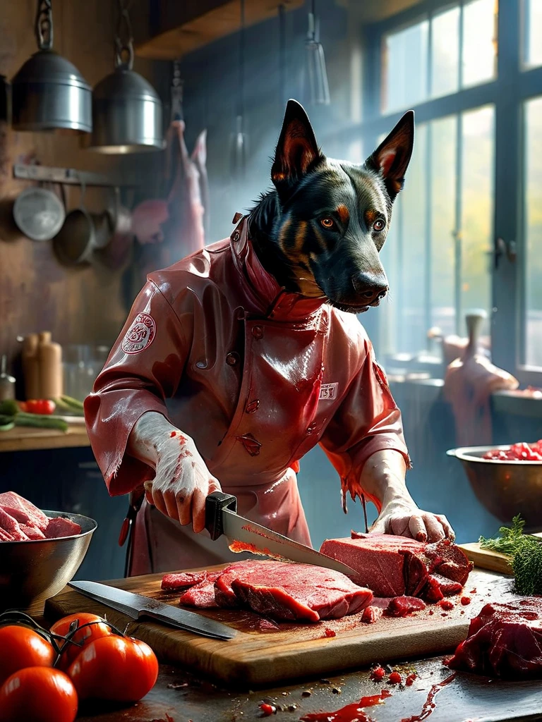 photo en gros plan (head dog :1.2) (Cutting meat with a knife on the table:1.2), (way:1.3), Cuisine Glasstech, ultra realistic, intricate details, (brumeux:1.1), View of'down