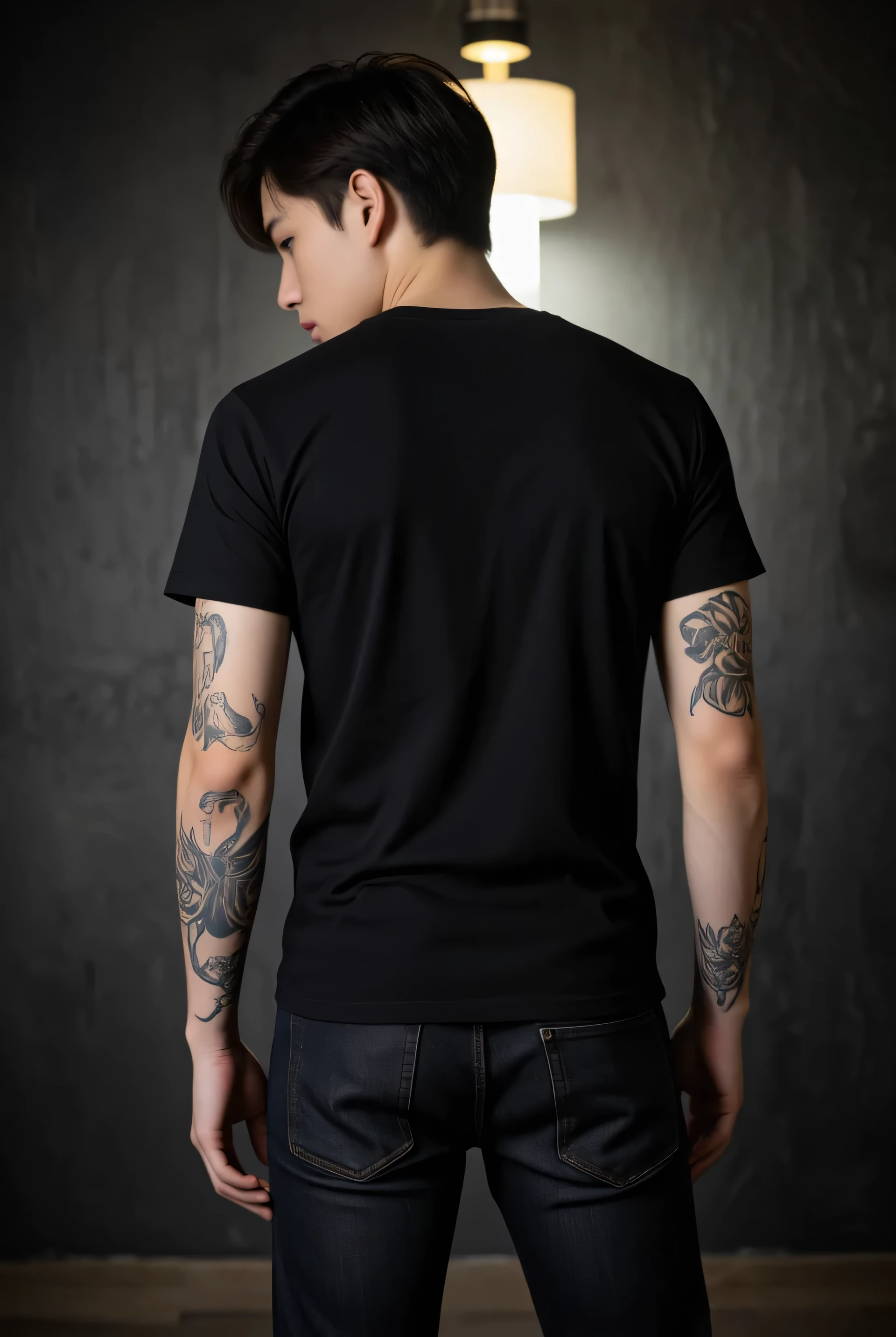 young korean man, wearing plain black t-shirt, wearing black jeans, back view, facing back, hands full of tattoos, dark wall background, bright room.