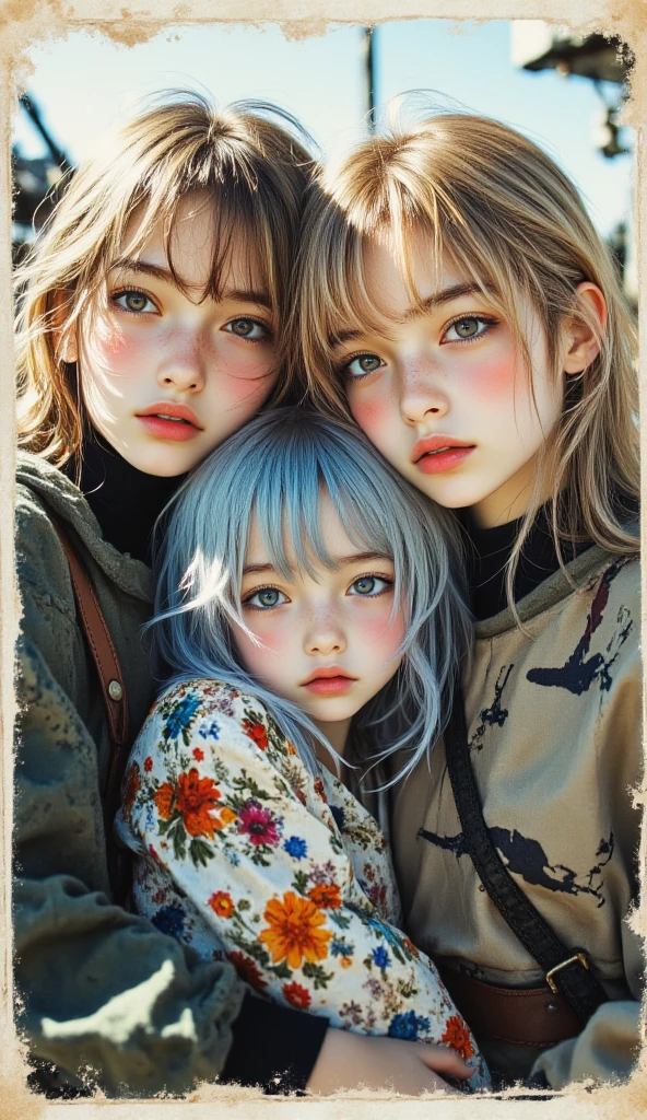 KIDS BLONDIES, CABELOS COMPRIDOS LOIRAS, 3 MENINAS KIDS DE 12 ANOS COM JAQUETAS COURO ESTILO ZEBRA.