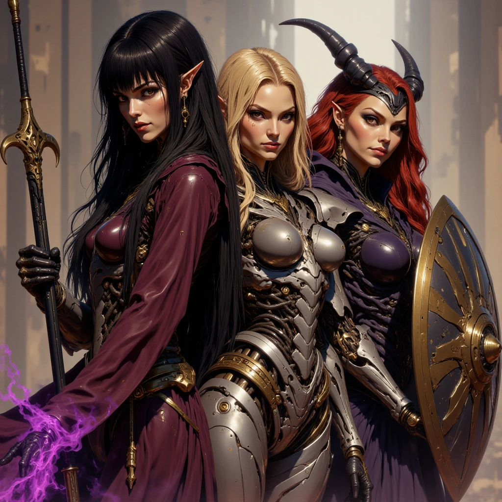 A group of powerful, legendary heroes, standing together in a dynamic pose, ready for battle. (highly detailed, vibrant colors, fantasy art), (hand-painted, digital artwork, comic book style), (epic, dynamic, action-packed:1.1), (magical weapons, intricate armor:1.1), (intense lighting, dramatic shadows), (detailed facial expressions), (fantasy landscape background), (2-3 male heroes, 1-2 female heroes), (elongated sharp weapons, mystical aura), (warrior, sorcerer, rogue, archer:1.1), (flowing capes, armors with intricate patterns), (ancient ruins in the background), (powerful stances, confident expressions), (background: medieval castle on a cliff), (mythical creatures, dragons, griffins), (mysterious glowing runes in the air).