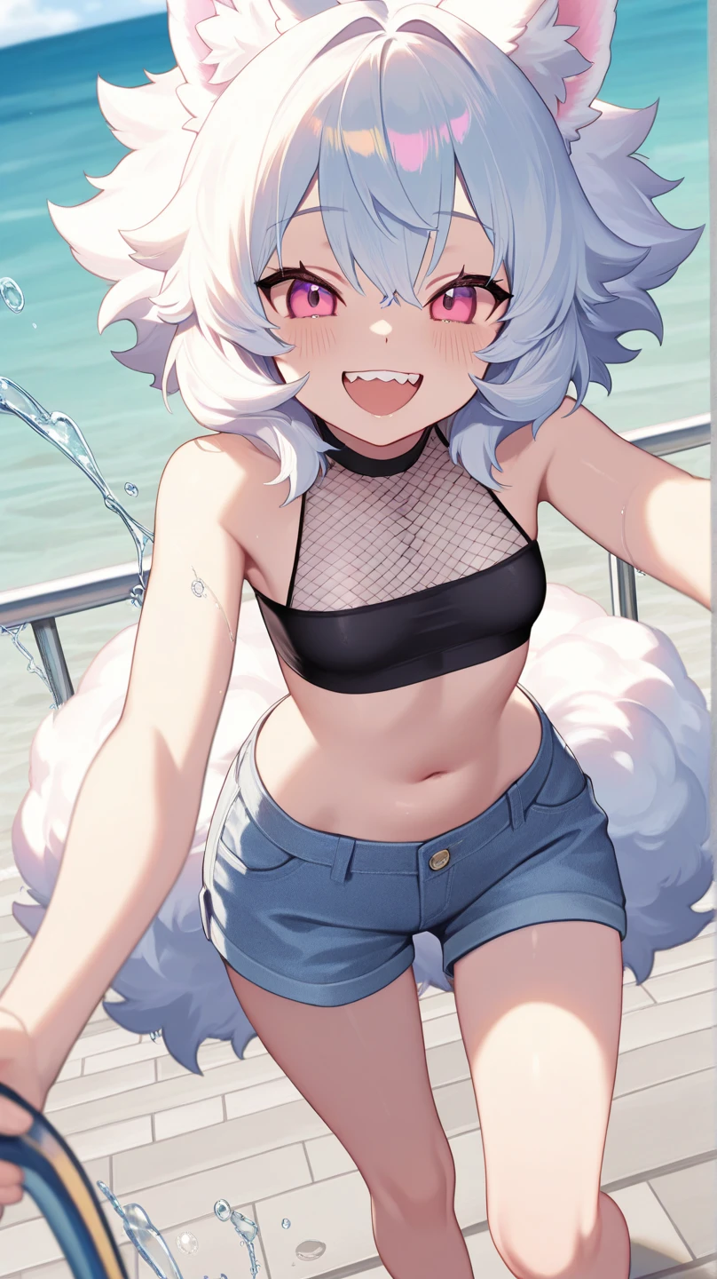 Kizi,brunette skin,cat eye,Cat's ear,sharp teeth,claw our fingers, white hair, wearing wet black swimsuit, sucking popsicle