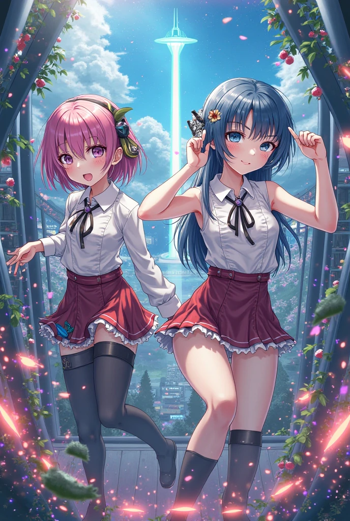 2 girl , squatting in front of castle ,peace sign, character focus, close to viewer, (from below:0.8),school uniform, animal hair band,( ( panty shot)),smile , background Theme park ,high resolution,(incredibly absurdres), (hires.fix:1.3),anime visual,extremely detailed CG unity 8k wallpaper, ((masterpiece)), ((top-quality)), (beautiful illustration,background Tento), ((an extremely delicate and beautiful))