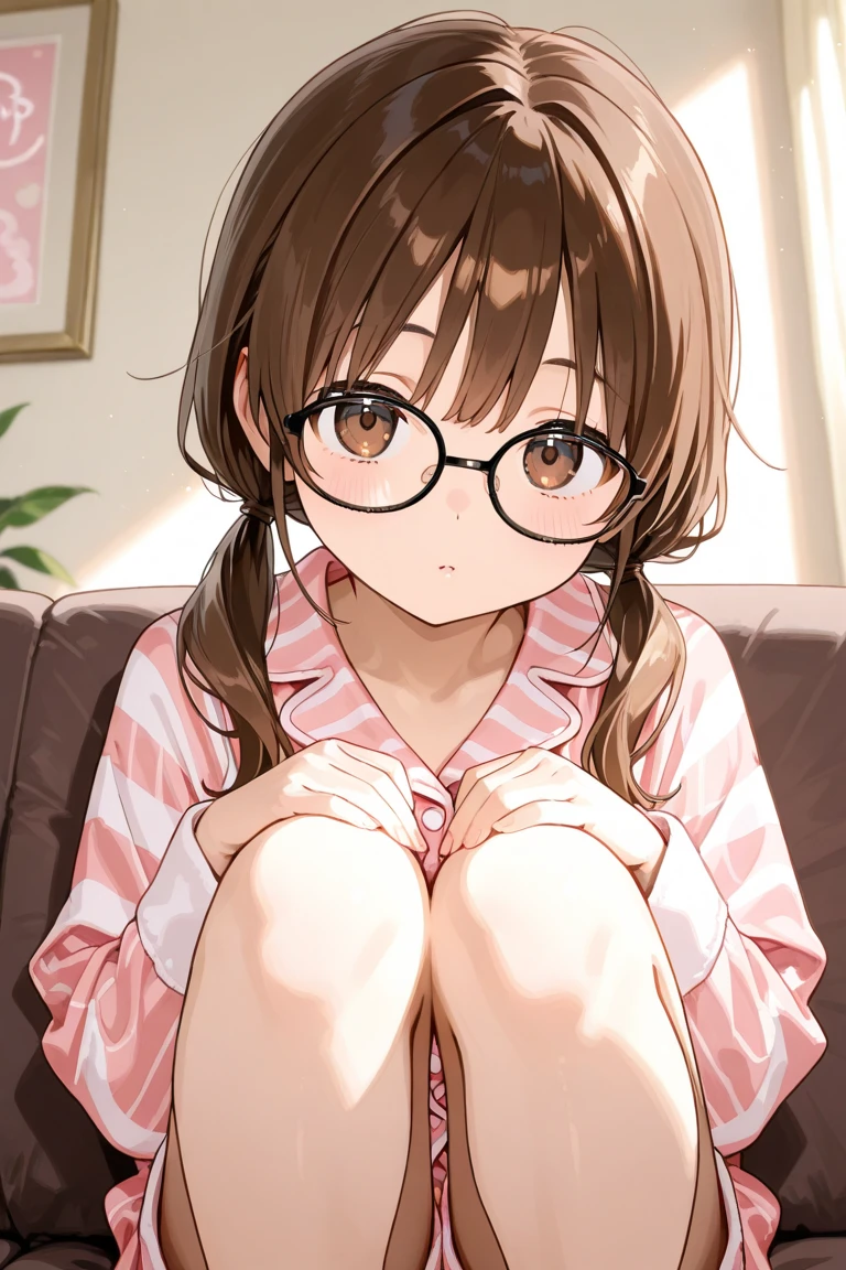 an anime girl, of Brown hair, has glasses, she is naked, he doesn&#39;t have any clothes, She is barefoot and lying on a bed with both legs open, She is open-mouthed and worried 