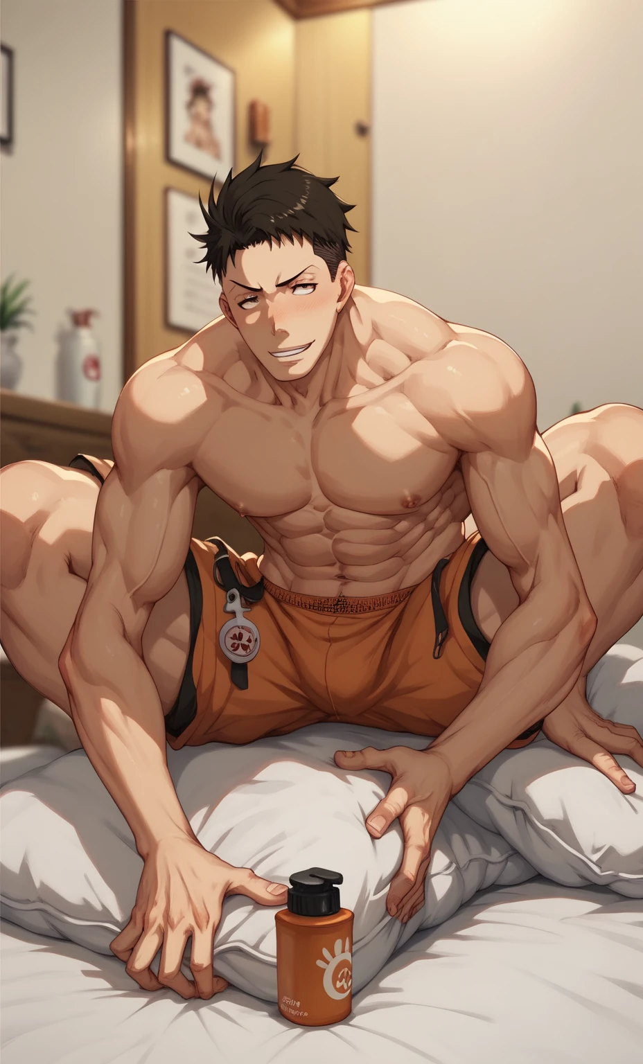 cu chulainn (fate), is ready to get pounded, 1boy, male focus, testicles, solo, erection, penis, muscular male, nipples, pectorals, bara, muscular, lying, nude, thighs, on back, blue hair, thick thighs, short hair, large pectorals, blush, ass, anus, abs, red eyes, cu chulainn (fate/stay night),