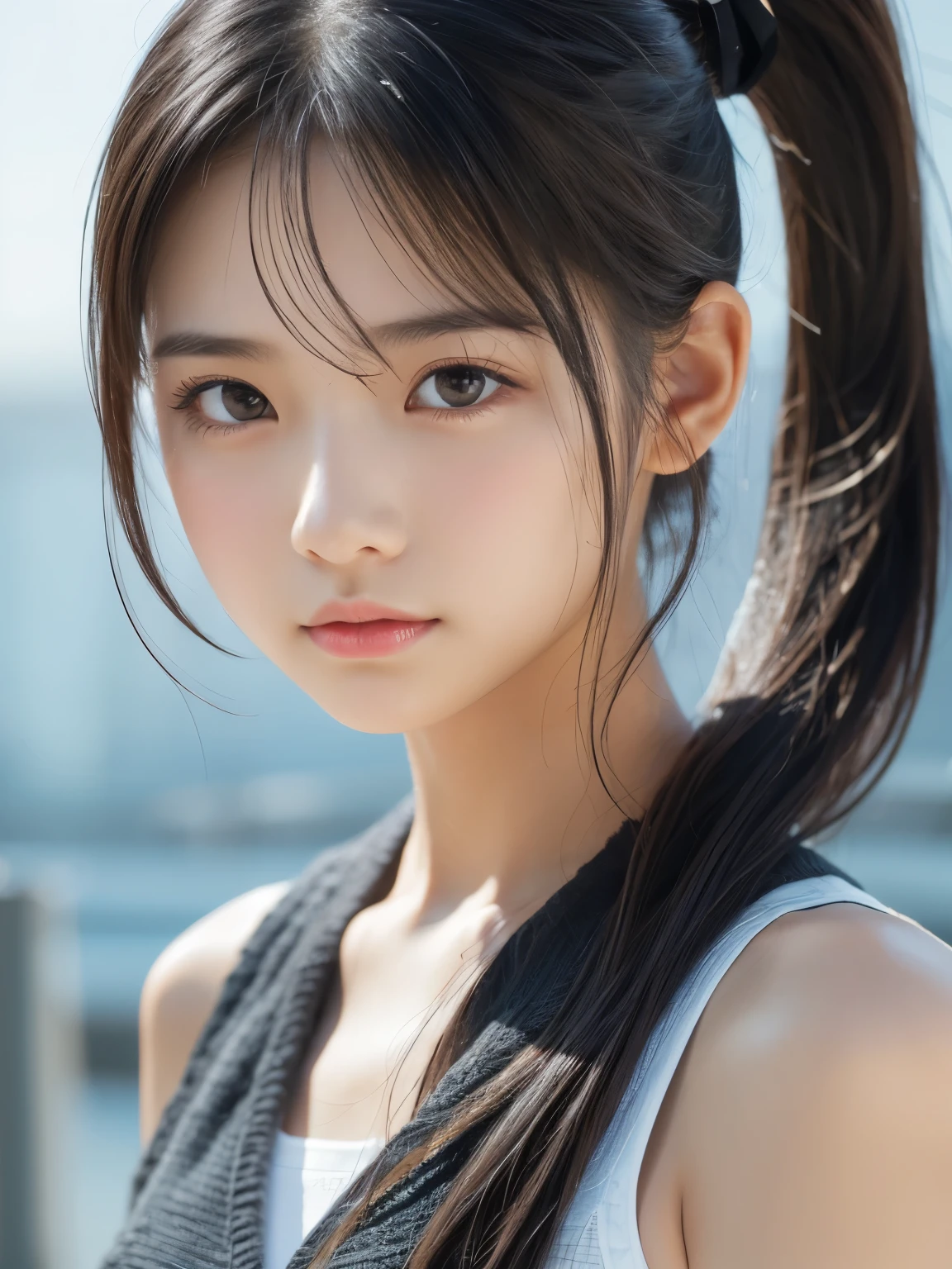 Sporty Girl, Dynamic Pictures , Black Hair, Long Hair, ponytail, bangs, Thready hairstyle/hair, Expressive Hair , Droopy eyes, Sad Eyes , Light-pigmented eyes, Drooping eyebrows, high definition, masterpiece, accurate, is anatomically correct, has won numerous awards, 最 high quality, high definition model, high detail, high quality, RETINA, textured skin , Ultra High Definition, very detailed, RAW Photos, 16k, 8k, ((full length))