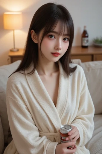 8K highest quality、(beautiful)、woman、Brown Hair、21 years old、Semi-short hair、No makeup、Fine skin、Brown eyes、Embarrassed、bed、White bathrobe