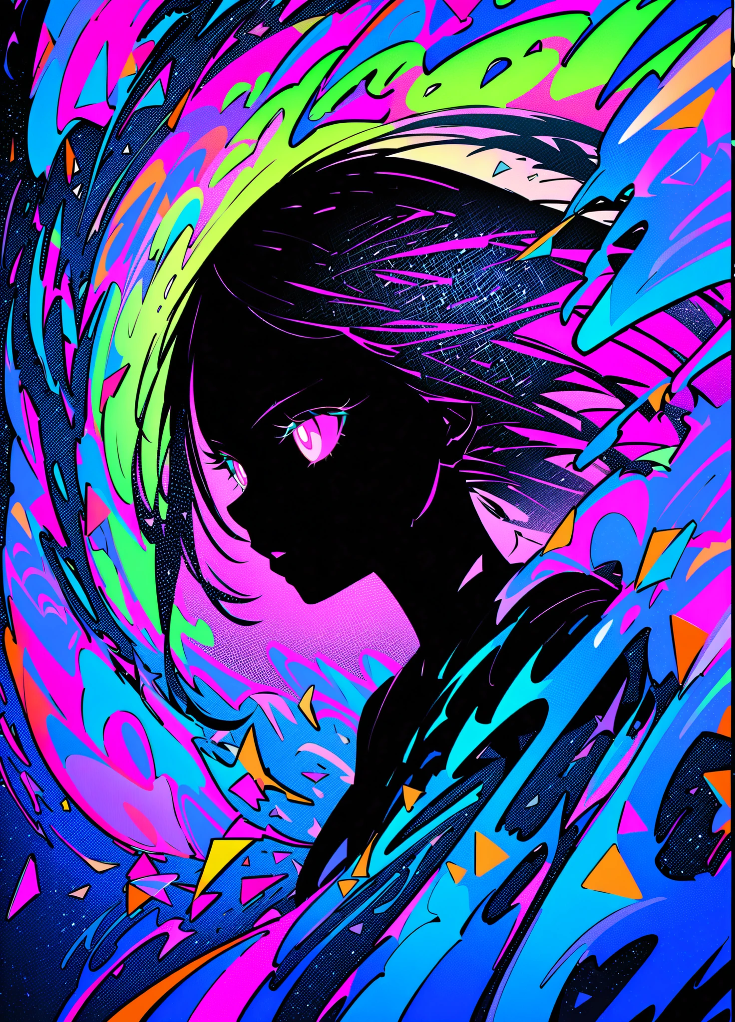 1nk3d_0u7, The piece features a close-up portrait of the silhouette of a woman's face. The silhouette is black, with two glowing eyes that emit a bright, intense light. Neon colors, including electric blue, vibrant pink, and radiant green, flow from the eyes and down the silhouette, creating dynamic, swirling patterns. The background is filled with bold and colorful geometric shapes. The overall composition is lively and energetic, with a strong focus on the detailed and vivid elements of the central figure and the vibrant background.