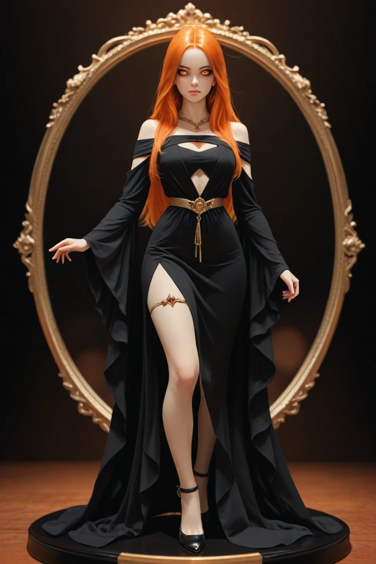 Women's model, medium chest,  ((medium orange black messy hair)), corps complexe, robe d’halloween, conception de personnages complets, full body painted, ((toe)