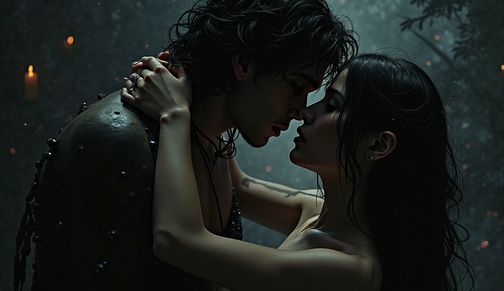 Young man in a shower falling on him, minimal illumination, with features of Sebastian Stan, very attractive, black fur, black eyes, pale skin and tall. His gaze will be angry with a marked jawline. Next to her is a girl, She has very long black hair, green eyes, thin nose and very pale skin. She wears a silk robe.