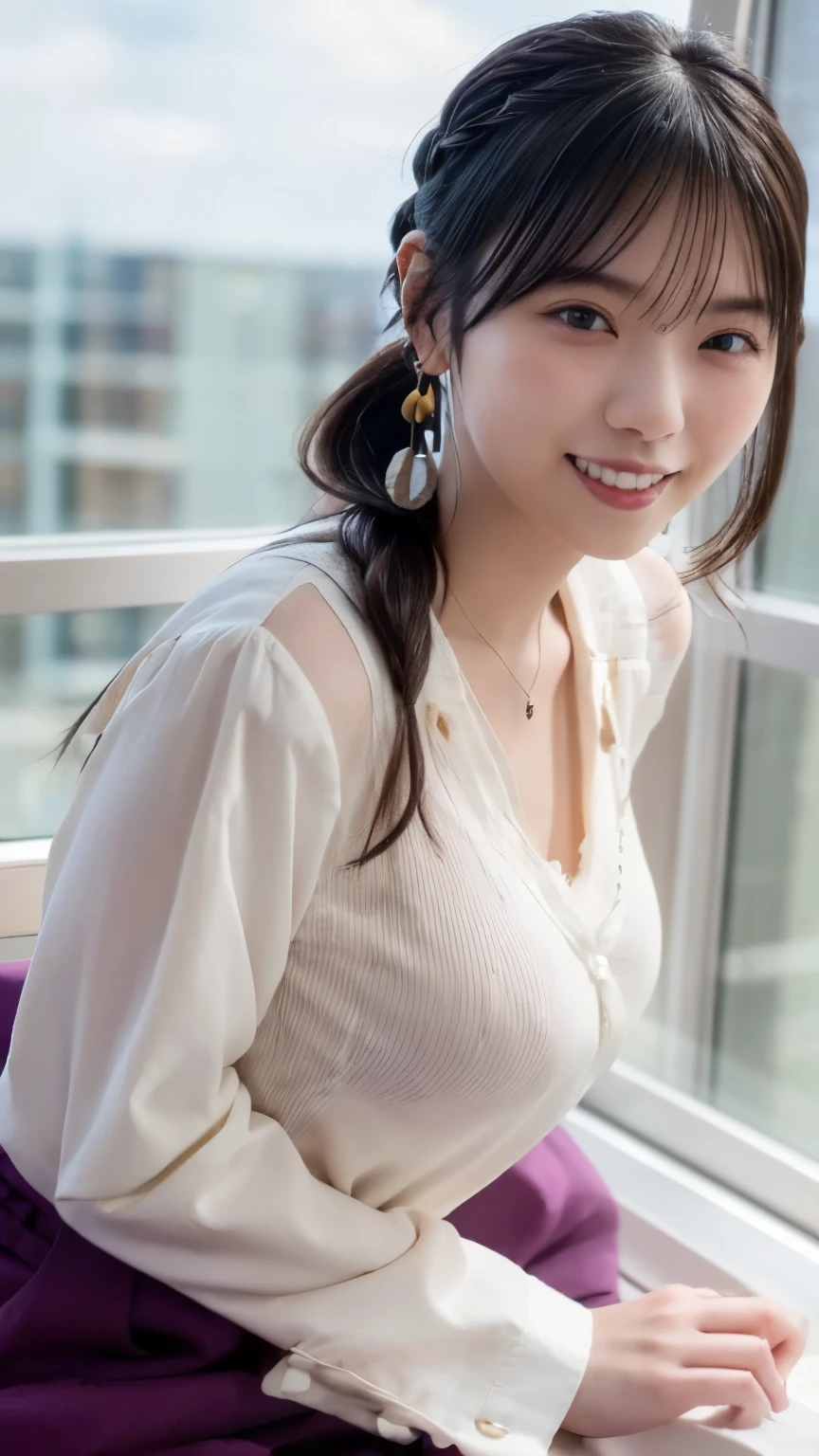 highest quality:1.3, masterpiece, Ultra-high resolution, realistic:1.3, solo:1.3, ((Clear Face)), sidelighting, cowboy shot, Curvy body (looking at camera:1.3), white background, (white blouse, black miniskirt), standing, Showcasing cleavag, arms at sides, (medium busts), smile