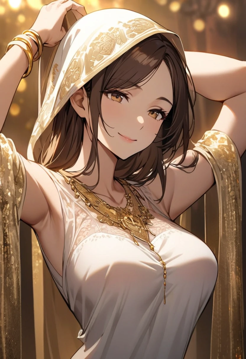 Nakano miku, brown long hair, hair between eyes, large breasts, (saree), (blushing:1), standing, earrings, smiling, (sexy)