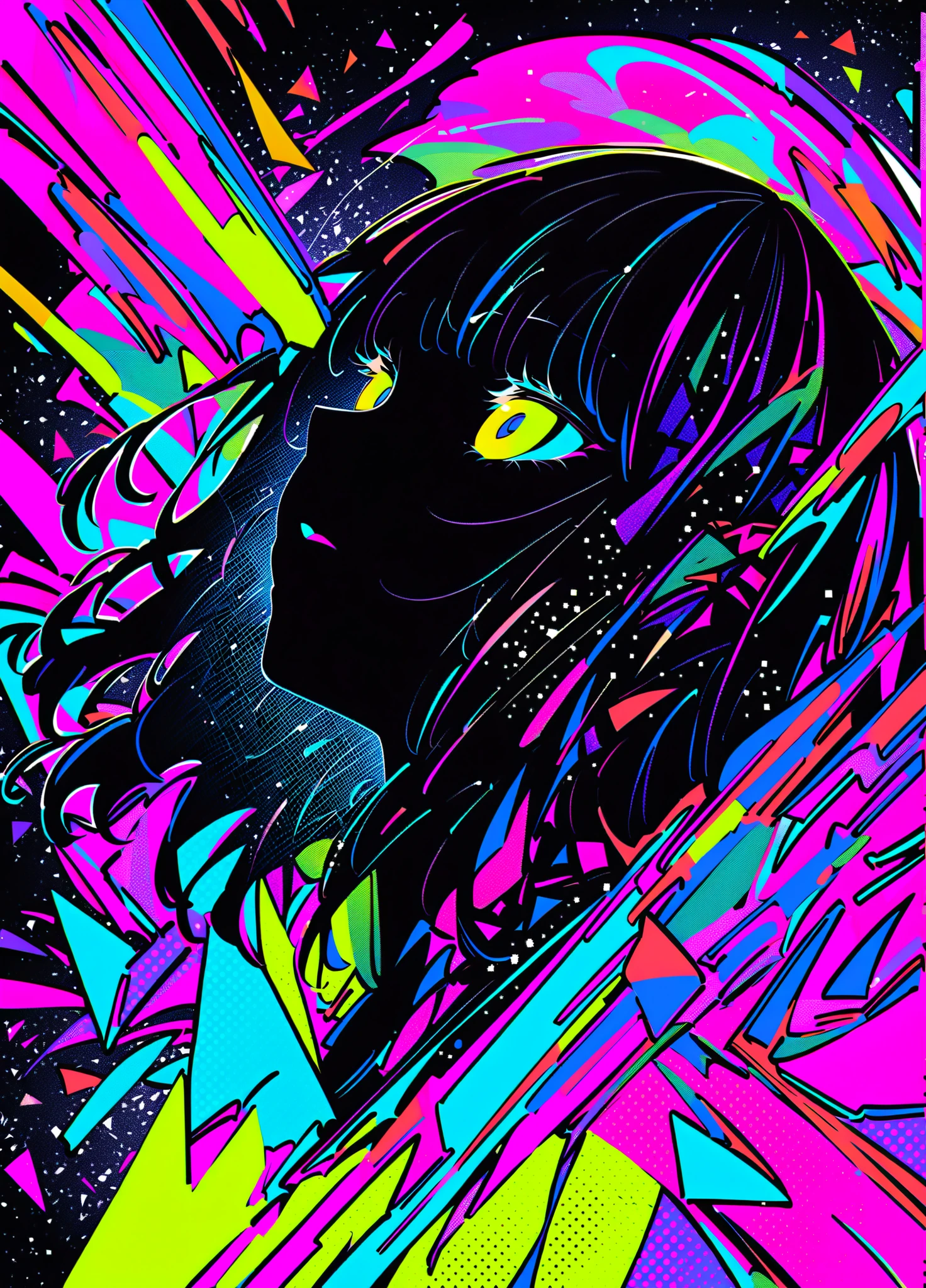 1nk3d_0u7, The piece features a close-up portrait of the silhouette of a woman's face. The silhouette is black, with two glowing eyes that emit a bright, intense light. Neon colors, including electric blue, vibrant pink, and radiant green, flow from the eyes and down the silhouette, creating dynamic, swirling patterns. The background is filled with bold and colorful geometric shapes. The overall composition is lively and energetic, with a strong focus on the detailed and vivid elements of the central figure and the vibrant background.