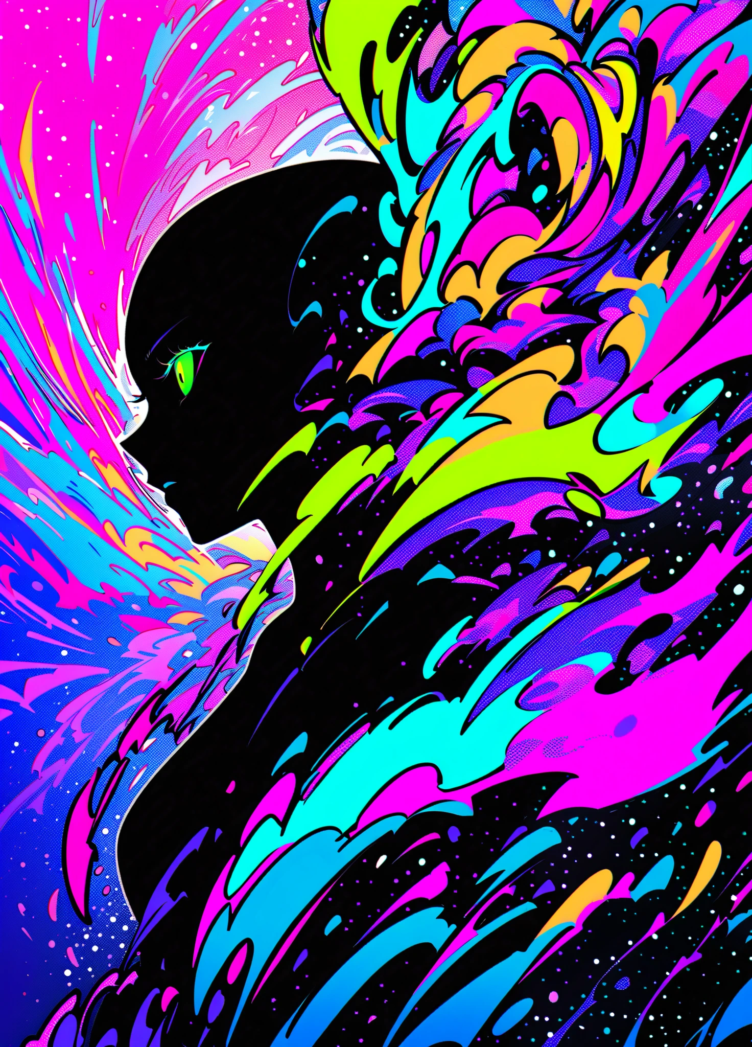 1nk3d_0u7, The piece features a close-up portrait of the silhouette of a woman's face. The silhouette is black, with two glowing eyes that emit a bright, intense light. Neon colors, including electric blue, vibrant pink, and radiant green, flow from the eyes and down the silhouette, creating dynamic, swirling patterns. The background is filled with bold and colorful geometric shapes. The overall composition is lively and energetic, with a strong focus on the detailed and vivid elements of the central figure and the vibrant background.