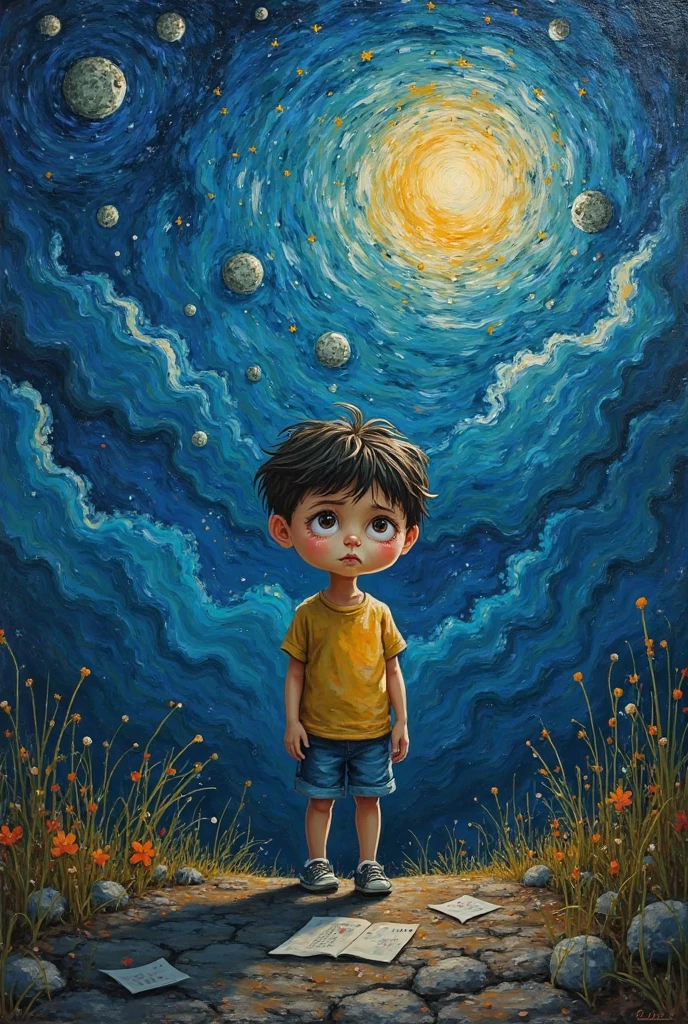 Make a painting like the one of the starry night where you capture the pain of a child who has been abandoned by his parents at the age of 7 