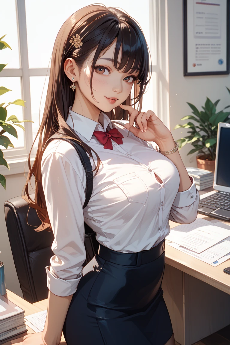 ((((highest quality)))), (((Ultra-precision CG 16K))), (((masterpiece))), (((Very detailed))), (((Extremely detailed))), (((Black outline:1.3, Written boundary depth:1.3 , Written soft outline))), Blur, Bokeh, Maximum clarity and sharpness,Multilayer Texture, Surface Shading, Cinematic lighting, Beautiful details sparkle ,Perfect Proportions, Limited to three woman, BREAK accurate, Anatomically correct, Highly detailed face and skin texture, drawn in detail, Highly detailed facial and skin texture, Detailed eyes, beautiful hair, Beautiful Japanese Idol face, Beautiful and beautiful eyes, Beautiful body, Beautiful breasts, Beautiful thighs, Beautiful legs, Beautiful fingers, (Beautiful views) , skinny body, ((Beautiful Skin)), ((Skin Texture)) BREAK breast enlarged, large Breasts, rocket breasts, slender waist, (blush, smiling:1.3,) BREAK (no-bra, office lady fashion , mini-skirt with slits, no-sleeve ) , wearing glasses, wearing earrings, BREAK ((hands up, elbows on desk, face palm, Leaning back in the chair, stick breast out),( a woman in the office room, serious, sit in an office chair, from side, from below, looking at viewer, bust up, cowboy shot),