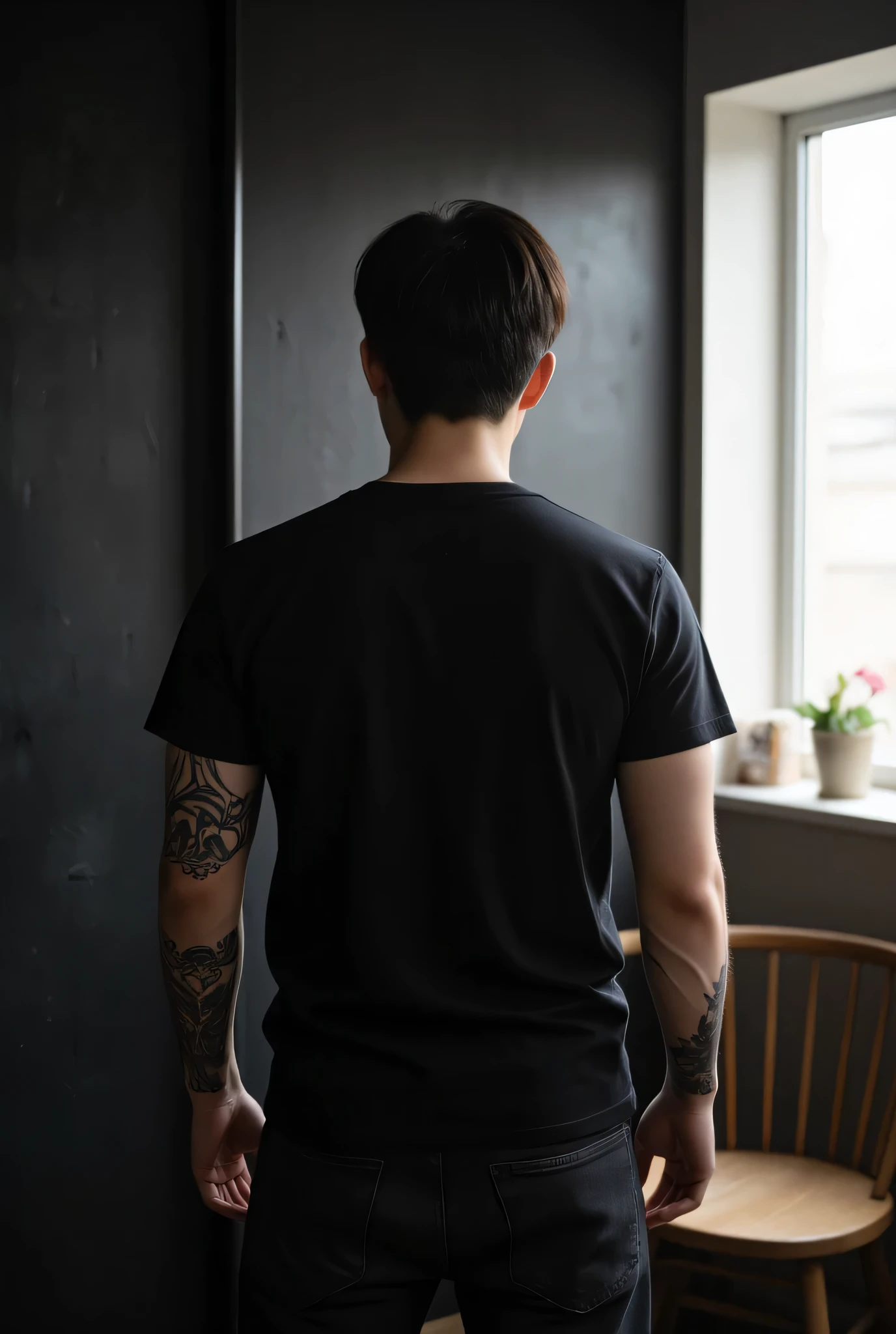 young korean man, wearing plain black t-shirt, wearing black jeans, back view, facing back, hands full of tattoos, dark wall background, bright room.