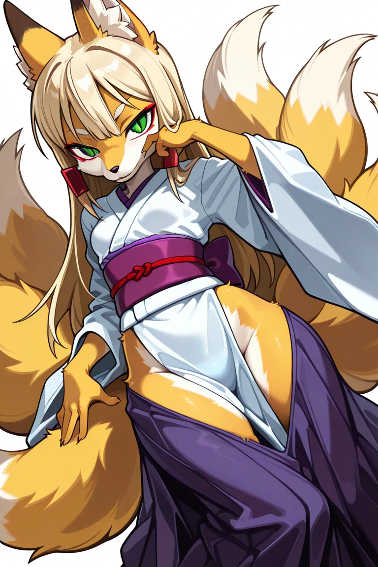 by fluff-kevlar, by ouka, by Kilinah, (((woman, breasts, antrum, extremely detailed, extremely detailed legs, extremely detailed arms, extremely detailed face, perfectly detailed eyes, perfectly detailed anatomy))): 1.2, Ninetales from Pokemon, Ninetales, anthro, female, fox, high definition, good anatomy, yellow fur, yellow body, simple background, highly detailed face, multiple tails, dark lighting, moody lighting, full body, sexy body, slanky body, sexy face, nice, hot, cute, pawpads, paws, showing feet, magical levitating, blushing, friendly smile, smile, friendly, elegant, dark, mysterious, alluring, beautiful, yukata, elegant tattoo on hips, lightning, holding magical projectile in hand