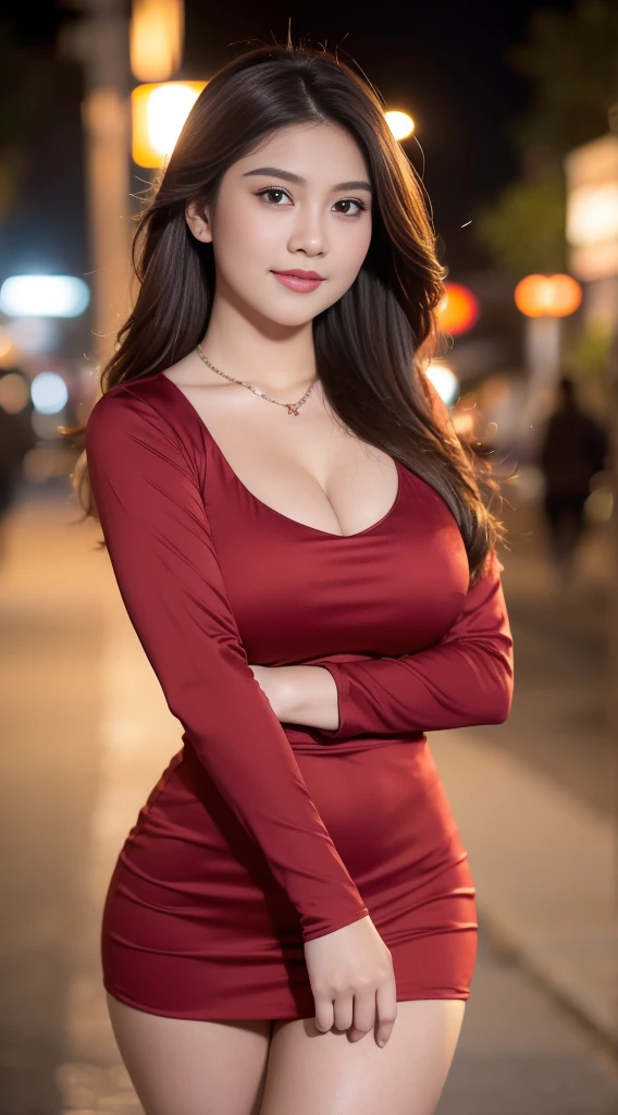 highest quality, 8K resolution, masterpiece, Professional photography, full waist up pose , upper knees pose ,40 year old beauty, Walk through the downtown area at night, (Elegant and stylish crimson light knit), Cleavage, Face close-up, (((View your audience))), smile, Wrinkles around the eyes, Standing Elegantly, Plump and soft body, Elegant and beautiful hair, Shapely breasts, Perfect Makeup, Red lipstick, Elegant eyeshadow, Ultra-high resolution glossy skin