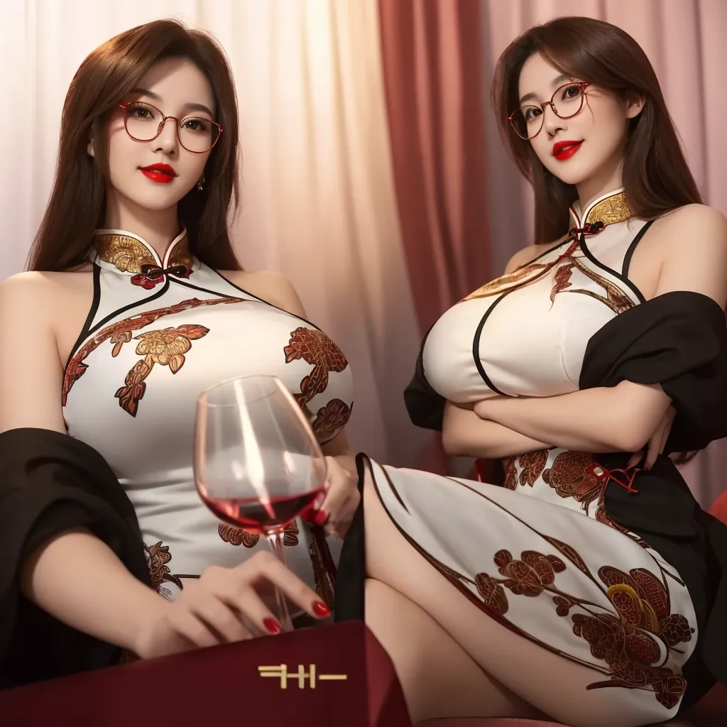 Magazine cover of a mature woman, Red short hair, big breast, sweaty cleavage, smile, Red china dress With golden dragon print glasses