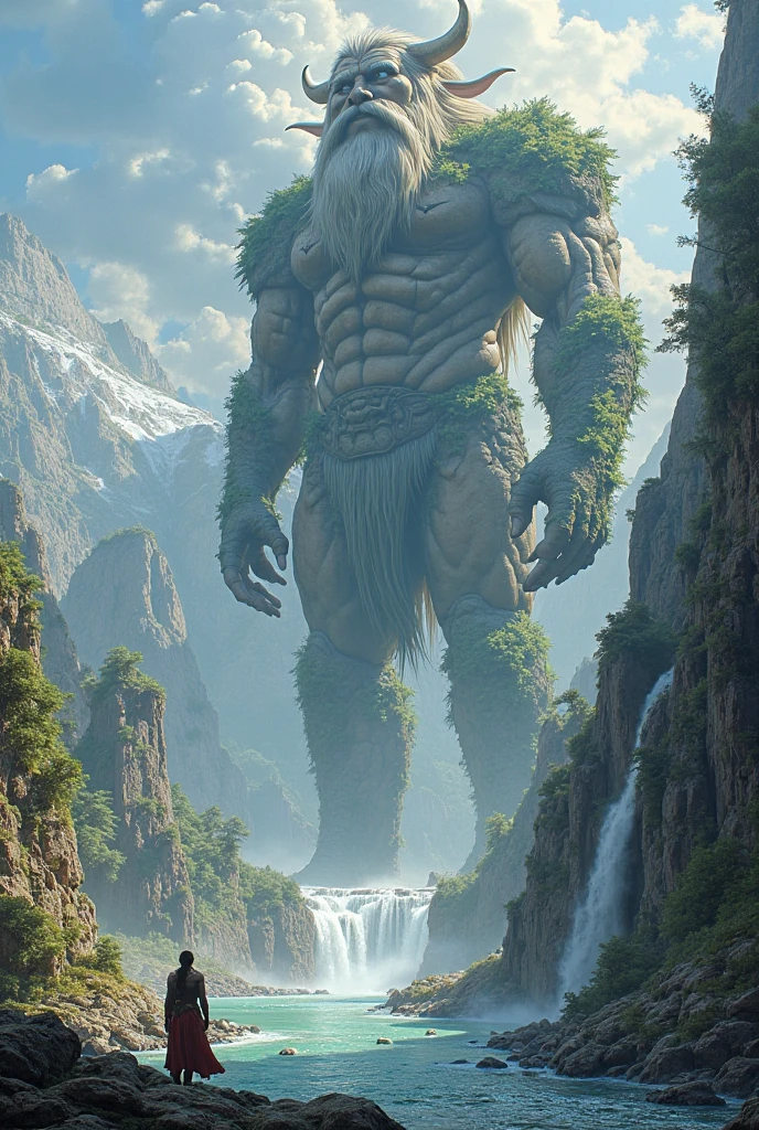 "A bird's-eye view of a mountain ridge with a line of massive, 50-meter-tall grotesque statues resembling skeletons, each covered in moss and vines. These towering statues are lined up along the mountain peaks, following the natural curve of the terrain. The statues have eerie, hollow eyes and decayed features, creating a haunting and unsettling atmosphere. The scene is set on a misty mountain top, with lush, green foliage covering the mountainside. The perspective emphasizes the enormous height of the statues and their endless line stretching along the ridge, blending seamlessly into the rugged landscape and evoking a sense of awe and fear. The image should be highly detailed, with realistic textures and lighting, capturing the depth and intricacies of the statues and the surrounding natural environment in 4K quality."
