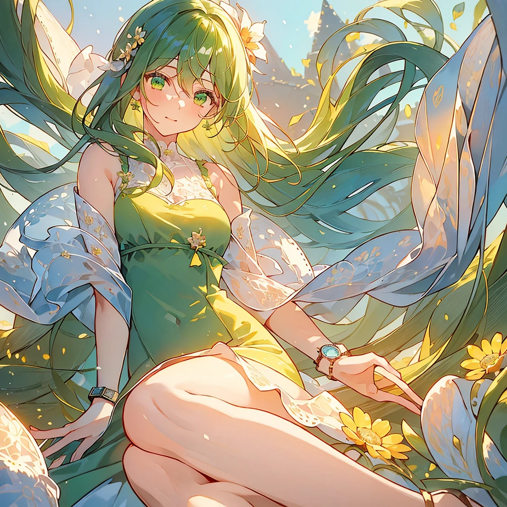 a goddess of life, mature look, mature body, (((leaf green hair streaked glowing green low twin super large long braids))), wavy hair, floating hair, hair strand, (((glowing phantom green eyes))), aqua eyes, pupils sparkling, longeyelashes, eye reflection, (((Glowing silver-green half-helmet))), ((A short skirt made of many leaves)), (Green thigh stockings), Leaf green boots, flower hairclip, flower earrings, glowing clothing masterpiece, (((Hand holding a huge branch-shaped staff with small flowers and leaves))), (((A large green glowing magic circle at your feet))), (((A huge leaf totem floats upright behind the back))), (((A halo composed of various greens on the head))), Many leaves are flying around the body, Random expressions, Random pose, (Floating on cloud), green god rays, Focus on face, Highly detailed face, high quality clothes, anime, Futurism, chiaroscuro, motion blur, sparkle, glowing light, reflection light, ray tracing, UHD, retina, ccurate, masterpiece, super detail, best quality, textured skin, super detail face, perfect face, Super fine facial details, beautiful and delicate eyes, perfect eyes, anatomically correct, correct limbs, correct figner, super detail figner, best hair quality, best clothing quality, best prop quality, best halo detail and quality, best magic circle detail and quality, complex halo detail,