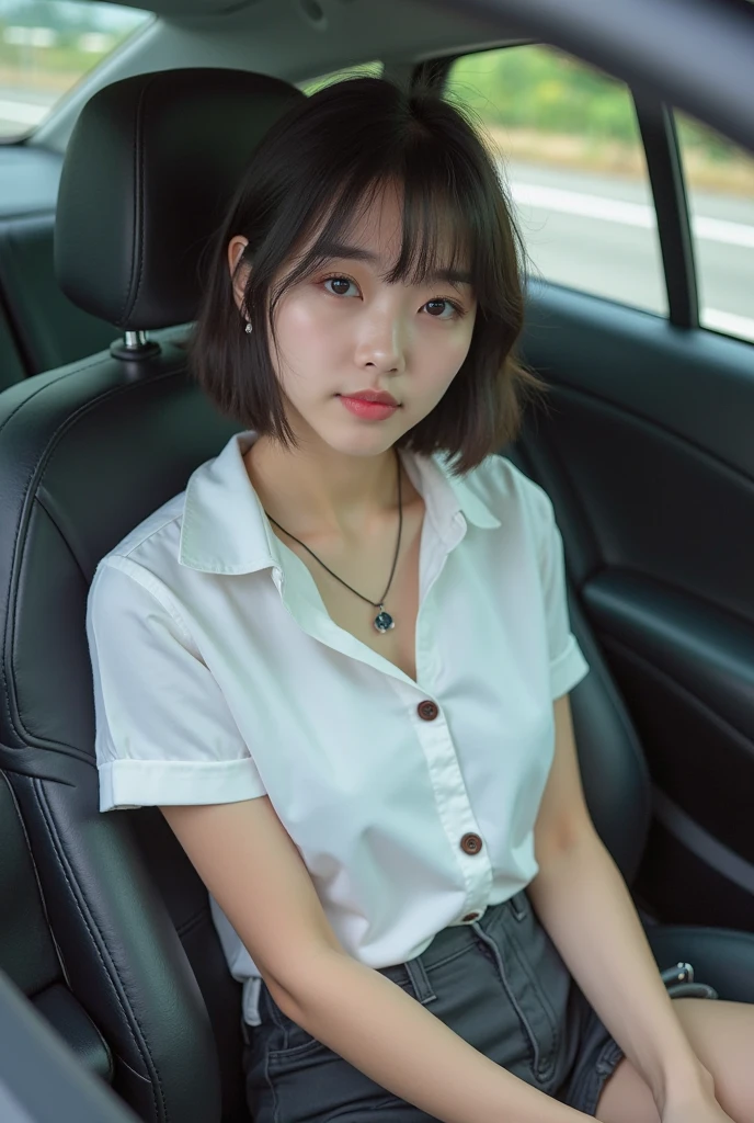 RAW Photos,(8k)、(Highest quality:1.2)、(Realistic)、(Realistic:1.37)、Ultra-high resolution、(1 female、Half Korean and half Ukrainian、80% Korean、45 years old、 (Mid Shot:1.2)Create a picture of a young woman with black bob hair。She was sitting in the car、White shirt and black tie、And she's wearing a grey cardigan。She smiles sweetly、The seat belt is visible in front of your chest.。The interior of the car can be seen in the background。Outside the car you can see the city of Seoul, Korea.。