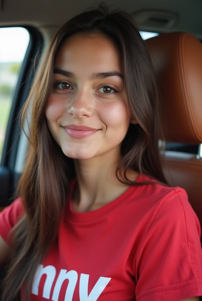 A 24 year old Caucasian girl drives and takes a selfie photo smiling. She is very attractive and wears her hair long and down. She wears casual clothes and looks happy. The backgrounds show the interior of the car, with natural light coming through the windows.