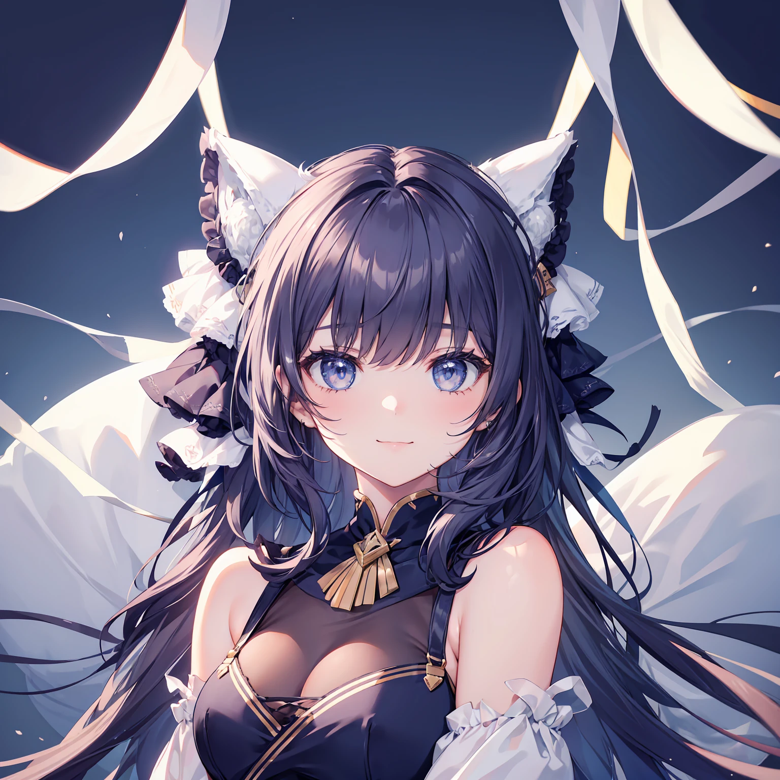 Anime girl with a cat and the moon in the background,Gray Hair,Cat ear,Long Wavy Hair,Purple Eyes,Angel Wings, anime art wallpaper 8k, anime style 4k, anime art wallpaper 4k, anime art wallpaper 4k, beautiful anime cat girl, very beautiful anime cat girl, Beeple and Jeremiah Ketner, fantasy art style, 4k anime wallpaper, anime wallpaper 4k, anime wallpaper 4k, 4K detailed digital art