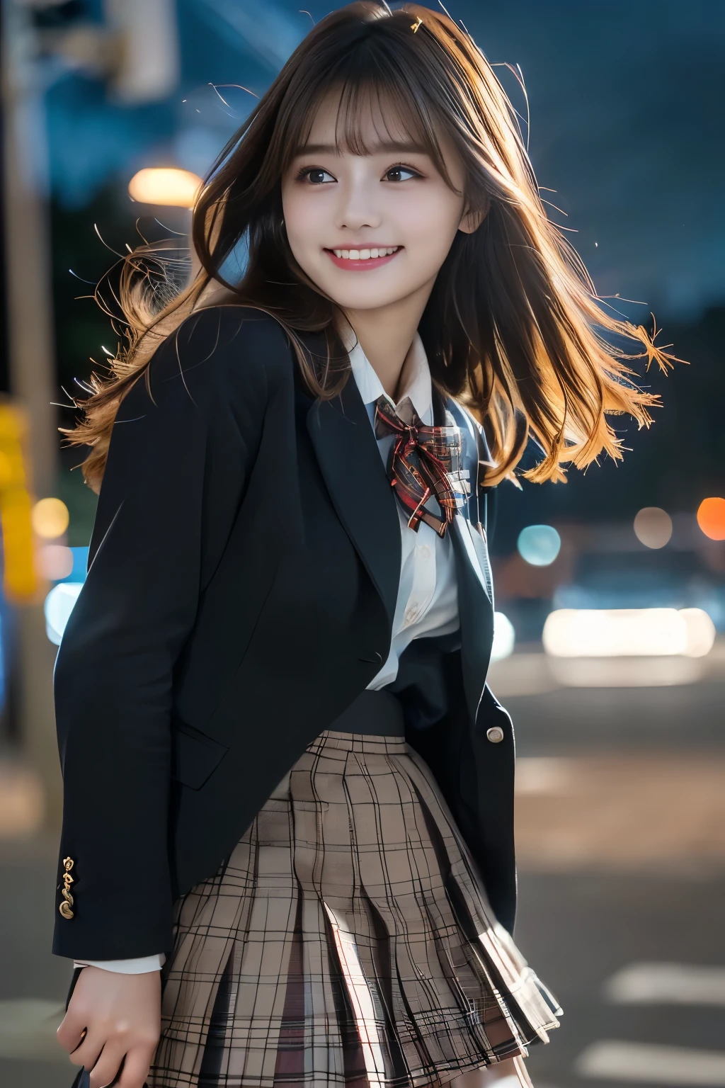 (Highest Quality、masterpiece、super quality、Super accurate 、UHD、Ultra High Definition:1.2)、(16k、photorealistic、Realistic As Pictured、 RAW photos 、f/2.8:1.4)、(Ultra Realistic Details、High Details、very detailed、Highest Qualityの影、written depth、ray tracing:1.2)、(Baby Face、fashion model、20 years old:1.uper cute face、One Nogizaka girl:1.3)、(dynamic action、full body、舞い踊る姿、Professional cinematography、low angle:1.agitales、double eyelids、beautiful, clear, dark eyes)、(natural makeup、crystal pendant for acting)、(big smile、happy:1.hort brown hair、bungs、流したbungs:1.2)、(perfect anatomy、完璧な比率、Beautifully detailed body、Beautifully detailed hands and fingers、Beautifully detailed legs、 white skin、very detailedな肌と顔の質感:1.2)、(JK shirt、 JK Plaid Pleated Skirt:1.4)、(JK Blazer Uniform、Female High School Student Uniforms:1.4)、( Compa、fantastic、Mysterious、Night Scenery、starry sky:1.5)、(High school girl dancing happily、Hair blowing in the strong wind、Skirt fluttering in the strong wind:1.4)、( beautiful Korean girl 、 cinematic lighting、professional lighting)