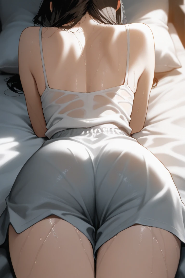 masterpiece, ultra detailed, 8k portrait, RAW photo, portrait photography, highly detailed face, 1 woman, (lie in bed:1.5), 33 years old, (small eyes), glasses, (black short bob hair), (hair over one eyes), (white skin color), (wearing long T-shirt), (silk pants:1.5), Midday Sun, hyper realistic, Body model, (Small breasts:1.2), Beautiful breasts, (big butt), Long legs, in living room, Ambient lighting, Shadow details, Camera focus on face, strong breeze, Light fog