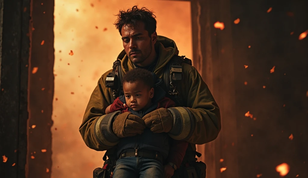 hero rescuer, fire truck, fire, burning house, firefighter takes children out of the house, holds them tightly in his hands