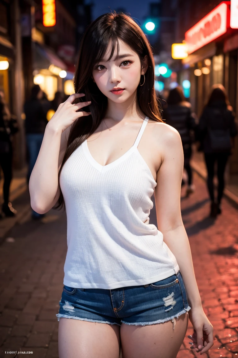 (Bare breast: 0.2) Top Quality, Ultra High Resolution, (Photorealistic: 1.4), (Green Long Hair: 1.3), (Azure Lane\), 1 Girl, (Kpop Idol), NSFW, Slender Body, Beholder, Cute, Fine Face, Contrapposto, Smooth Skin, Anatomy, White Camisole, Pure Black Pleated Skirt, Cityscape, Night, Wet Rain, Professional Lighting, Shopping mall rooftop café, outdoor, toothless