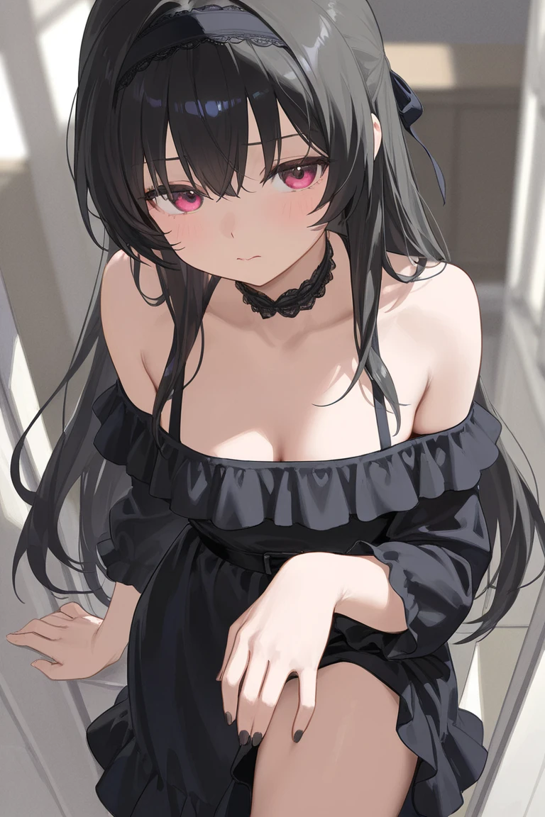 Anime girl, resting bitch face, long straight black hair,grey eyes, black dress