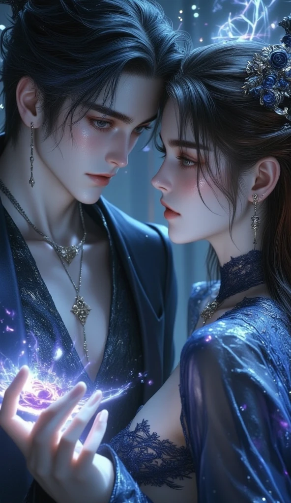 Multi-person interaction, intimate couple, beautiful composition, gorgeous underwater light, "1boy, (Sousuke Aozen), close-up, badass pose, bleach, powerful aura, purple aura", HD, unparalleled masterpiece, dynamic lighting, movie, epic, and "1girl, (dynamic pose), confident powerful mysterious smile, beautiful blonde, (perfect facial features)", (Enchanted Forest: 1.3), (Magic Glow: 1.2), Elegant Atmosphere, (Secluded Beach: 0.8), (Seashell: 0.9), (Flawless Skin: 1.2), breathtaking details. (Masterpiece, best quality: 1.2),