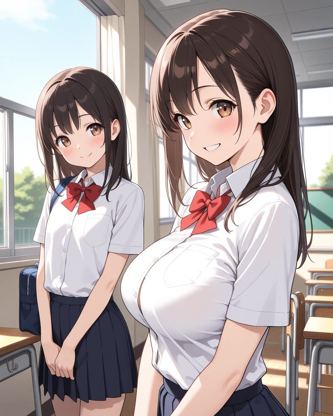Full body, Japanese high school students, two girls, a girl with short brown hair and a girl with long black hair, cute, big eyes, small nose, big breasts, slender, shirt, classroom, cuddling, smiling,