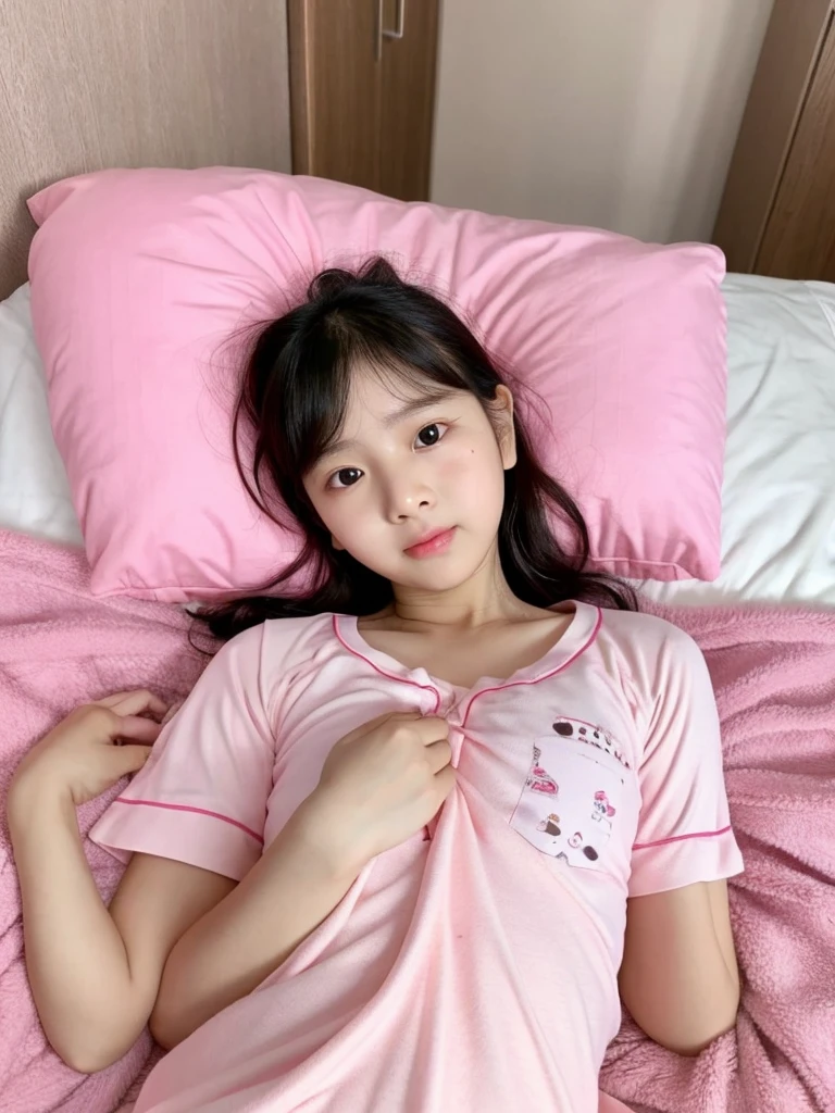 Imagine a girl in a relaxed pajama outfit, Lying face down on the bed and reading manga. Long black hair spread on a pillow. She is completely obsessed with cartoons, With a curious look on his face. Around her, Books and manga are piled up, Eta、A cartoon character pops out of a bag above your head. Stuffed animals and reading lamps are placed around her, Create a cozy atmosphere in the room