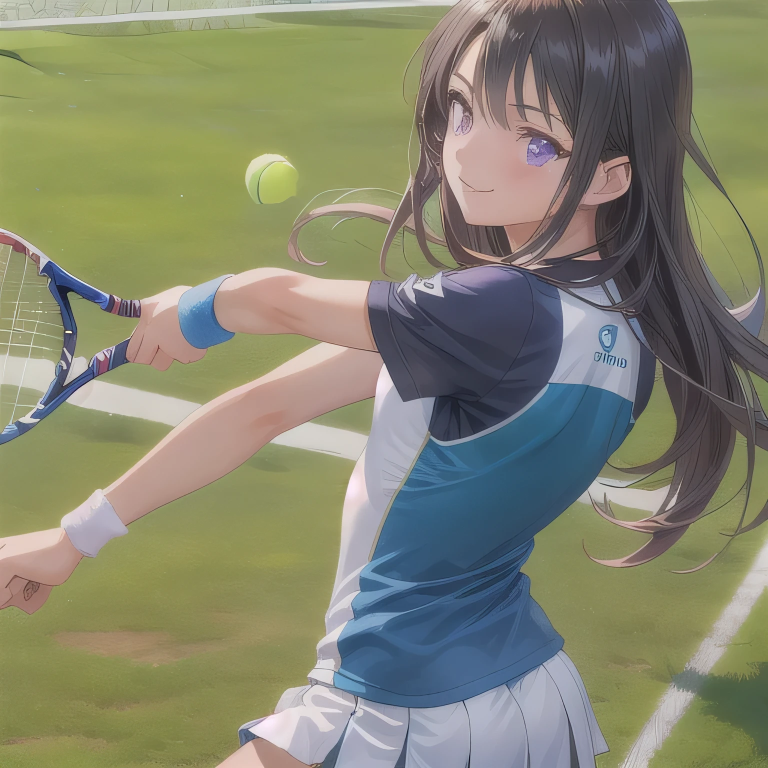 On the tennis court、Please draw an illustration of a woman holding a tennis racket and powerfully serving the ball.。The woman has a concentrated expression、It shows dynamic movement.。The background features a blue sky and court lines.。