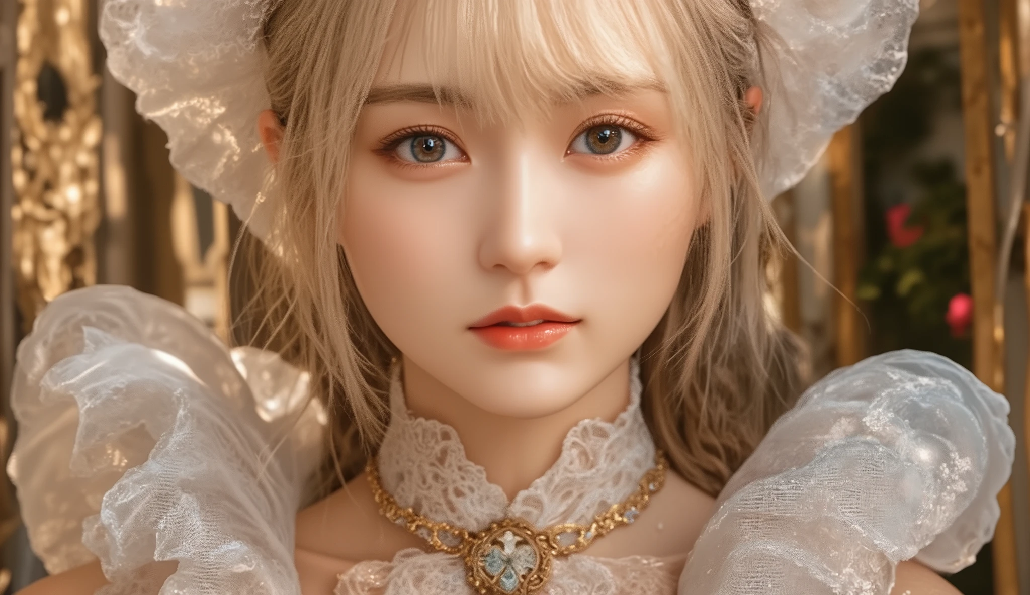 SFW, concept art, Tiny junior idol, Delicate lace knitted white clothes, (nipple:-0.9), face closeup, (Dazzling stained glass Background), (((Renbutsu Misako), colorful Light shines through delicate stained glass:1.2, vivid red colors, lense Particle, lens flare, light Particle, Dazzling Halo, Acutance:0.8)). (masterpiece:1.2),(ultra-detailed:1.37),(realistic,photorealistic,photo-realistic:1.37), (Extremely detailed KAWAII face variations, innocent expression variations), rosy cheeks, intricate detailed eyes with sparkling highlights, long eyelashes with volume, subtle blush on the face. Mystic sight, haze, impeccable skin texture, captivating gaze, ((Dynamic-angle, physically-based rendering)), whole Body proportions and all limbs are anatomically accurate .