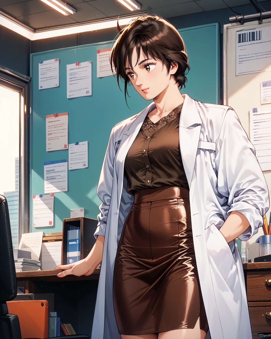Doctor, 1 woman, solo, sitting (Looking at the audience), (white lab coat:1.5), long skirt ,Stylish clothes mature woman /(dark brown hair/) Bangs, smiling kindly (The best quality masterpiece:1.2) , Delicate illustrations, Special details, (hospital examination room) In the building, desk (X-ray image of the lungs:1.2) Detailed background